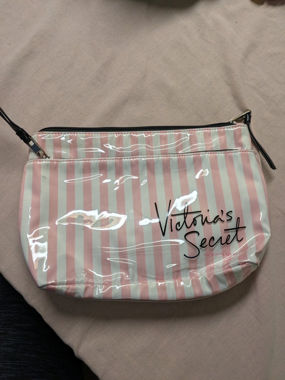 Victoria's Secret Pink and White Striped Vinyl Cosmetic Bag